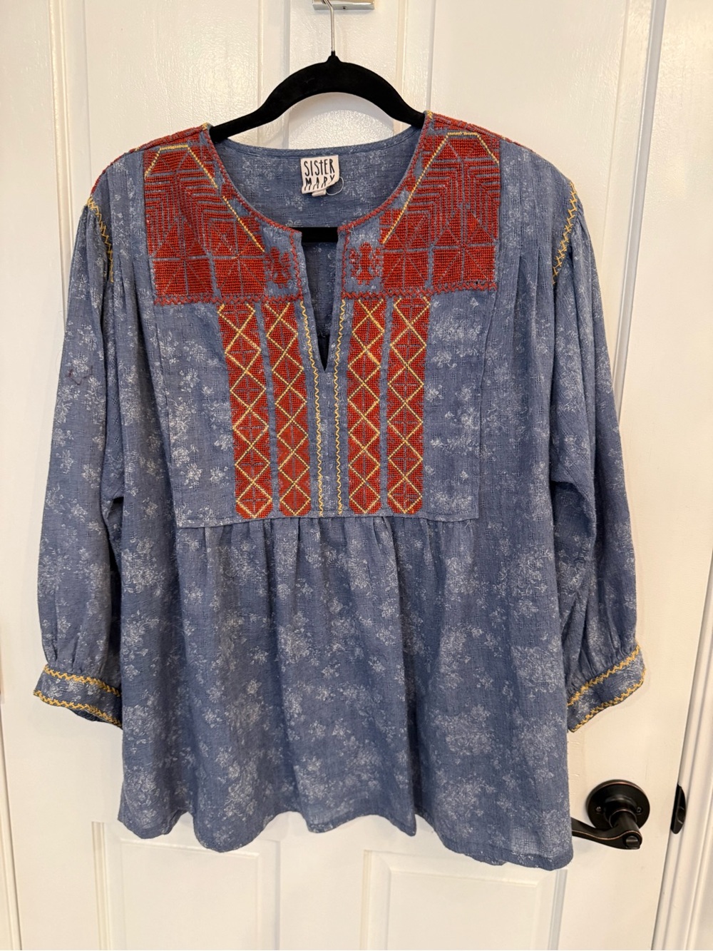 Sister Mary Blue Embroidered Peasant Blouse with Red Accents